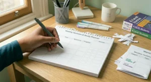 A person neatly tearing off a completed weekly sheet from a glue-bound revision desk planner pad.