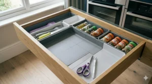A trimmable plastic drawer insert being fitted to a non-standard sized kitchen unit.