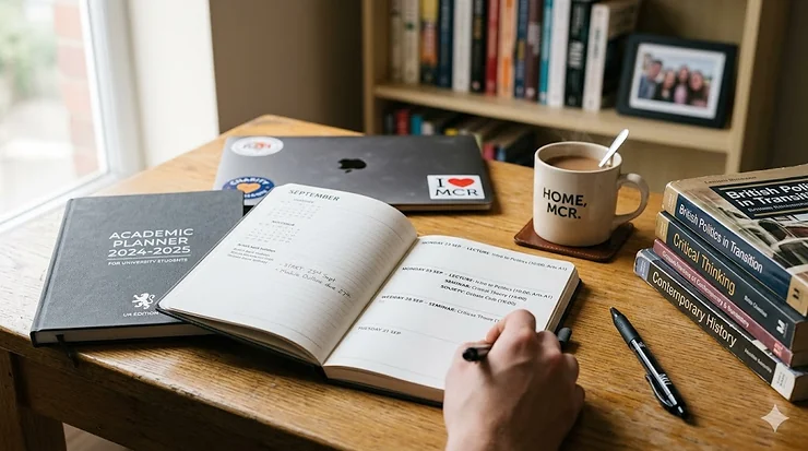 A photorealistic hero image of an open academic planner on a wooden desk with a "Home, MCR" mug and books, lit by natural British daylight for a UK university student. academic planner for university students