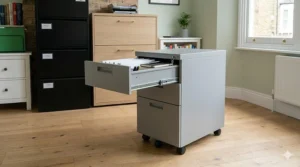Alt text for image 4: A compact white metal mobile pedestal with three drawers fitting neatly under a standard height UK office desk.