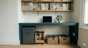 Compact under-desk organisation featuring a grey metal filing cabinet, woven seagrass baskets, and a wooden cable caddy on a jute rug.