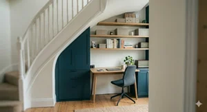 A clever bespoke under-stairs home office with fitted teal blue cupboards, integrated oak shelving, and a space-saving desk nook.