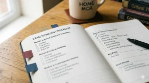 A revision checklist in an academic planner for UK students preparing for end-of-term university exams.