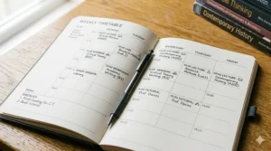 An academic planner page showing a weekly timetable layout for British university students to track lectures and seminars.