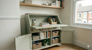A vintage sage green bureau upcycled into a home office storage unit with labelled wicker baskets and antique brass handles.