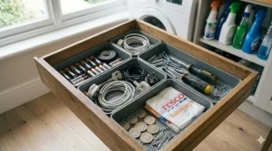 A practical "junk drawer" insert used to organise batteries, tools, and household essentials in a utility room.