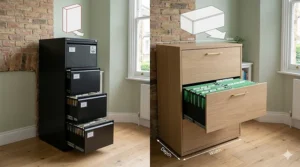 Alt text for image 2: A technical illustration comparing a slim vertical filing cabinet with a wide lateral filing cabinet, showing floor space requirements for UK offices.