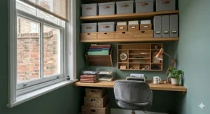 Alt text for image 2: Floor-to-ceiling adjustable shelving units in a narrow home office, showcasing box files and baskets to maximise vertical space.