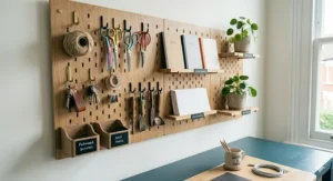 A wall-mounted natural wood pegboard holding stationery, colourful pairs of scissors, and small Pilea plants above a teal blue workspace.