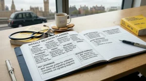 A weekly revision spread in a medical school planner with a structured timetable for anatomy, biochemistry, and BNF dosage guidelines.