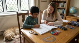 A printable study tracker template listing core 11 plus maths topics including algebra, ratios, and probability to monitor revision progress.