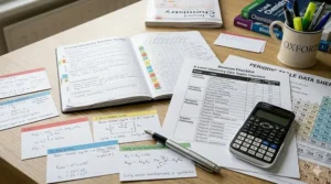 An A-level chemistry revision guide topic checklist showing modules for self-assessment, active recall, and exam preparation.