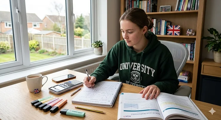 A neatly organised desktop with printed A-level maths revision notes tailored to the OCR specification, featuring calculus equations, a graphic calculator, and a colourful highlighter. A-level maths revision notes OCR