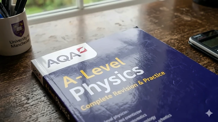 Photorealistic desk scene with an open A-level physics revision book, Casio calculator, and University of Manchester mug in natural UK lighting. A-level physics revision book