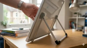 A close-up shot focusing on the adjustable tilt hinge and non-slip feet of a small whiteboard for desk revision.