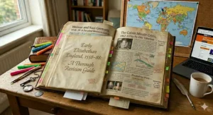 Alt text for image 9: A photorealistic, detailed close-up photograph of an ancient, vellum-bound open history book showcasing the 'American West c1835–c1895', with detailed illustrations of Plains Indians and diagrams of settlement trails, resting on a wooden study desk.