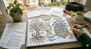 A conceptual illustration balancing the nature versus nurture debate, highlighting genetic determinism versus environmental influence for A-level psychology revision.
