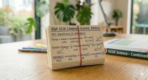 A stack of custom-made flashcards tailored specifically for the AQA GCSE Combined Science specification, highlighting key equations.