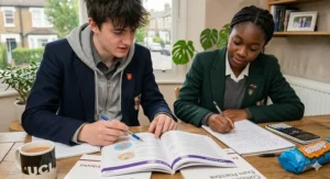 A close-up of a student pointing at a detailed plant cell structure diagram in a CGP GCSE Combined Science biology revision guide with natural window lighting.