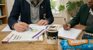 A student highlighting key command words in a CGP revision guide to practice 6-mark exam technique questions for Combined Science.