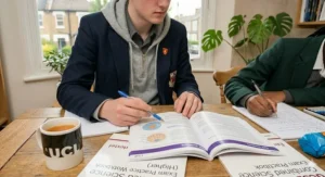 A close-up of a physics revision session showing energy stores and Sankey diagrams in an open GCSE Combined Science workbook.