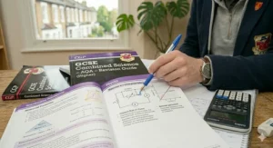 A student laughing at a science pun in a CGP revision guide, showcasing the classic lighthearted tone of British GCSE study materials.