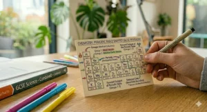 A detailed flashcard illustrating the step-by-step process for calculating moles and relative formula mass for GCSE Science quantitative chemistry.