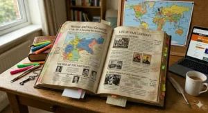 Alt text for image 7: A photorealistic, detailed close-up photograph of a vellum-bound open revision guide titled 'The Cold War and Superpower Relations, 1941–91', featuring a detailed timeline of 'The Cuban Missile Crisis, 1962', on a student's cluttered desk.