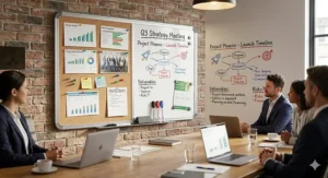 Perspective view of a combination cork and whiteboard in a modern boardroom being used for a Q3 strategy meeting with a team.