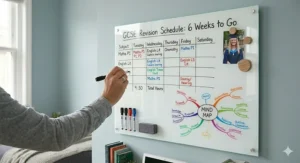 Landscape-oriented wall mounted whiteboard for bedroom daily tasks and reminders to help with morning routines and productivity.