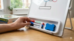 A close-up of the built-in storage tray on a revision whiteboard, holding colourful pens and a magnetic eraser.