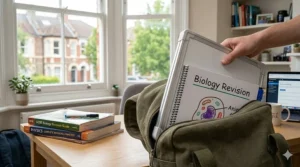 A slim, folded portable whiteboard for desk revision being slipped into a student's canvas rucksack alongside a revision binder.
