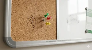 Close-up showing the split design of a dual-surface combination board with natural self-healing cork and a magnetic dry-wipe whiteboard.