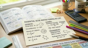 A concise list of essential GCSE maths formulas, including area of a circle and the quadratic formula.