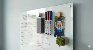 Minimalist frameless glass wall mounted whiteboard for bedroom interiors providing a sleek, modern look for note-taking.