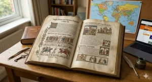 Alt text for image 3: A photorealistic, detailed close-up photograph of a vellum-bound open history textbook on a student's wooden desk, showcasing pages on 'Medicine through Time: c.1250–present', including illustrations of medieval public health and early modern medical care.