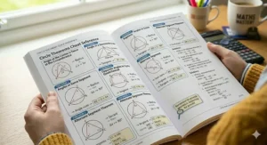 An educational graphic illustrating the seven circle theorems required for the GCSE maths curriculum.