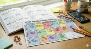 A colourful weekly revision planner template tailored for GCSE students balancing maths and other subjects.