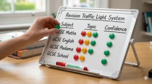 Small magnetic whiteboard used for a GCSE revision traffic light system to prioritise subjects by difficulty.
