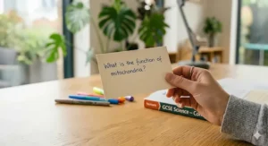 A close-up illustration of a student's hand holding a flashcard, showing a question about mitochondria on one side, demonstrating the active recall revision technique for science.