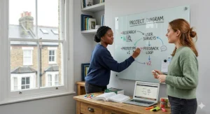 A group illustration of two university students in a shared house collaborating on a large magnetic glass whiteboard during a study session.