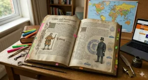 Alt text for image 5: A photorealistic, detailed close-up photograph of an ancient, open vellum book titled 'Henry VIII and his Ministers: 1509–40', featuring colourful illustrations and text detailing portraits of King Henry VIII and his key ministers, on a student's desk.