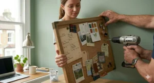 Side view showing a large corkboard being securely mounted to a bedroom wall with a discreet wooden frame.