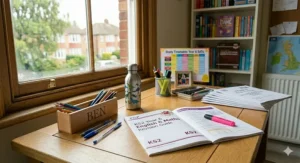 A tidy primary school student desk setup at home, featuring open Year 6 SATs revision books, highlighters, and a study timetable.