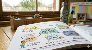 An illustrated mind map from a Year 6 revision guide offering healthy study habits, break reminders, and positive tips for managing SATs exam stress.