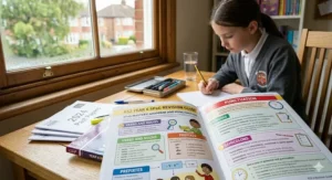 A study guide illustration highlighting Year 6 SATs grammar, punctuation, and spelling rules, featuring clear examples of subordinate clauses and prefixes.