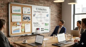 A large combination noticeboard in a professional UK office setting, displaying pinned charts and handwritten project strategy notes.