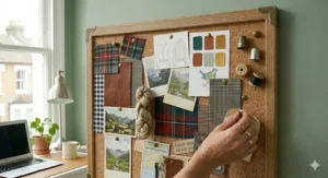 A large cork noticeboard used as a creative moodboard with fabric swatches, sketches, and polaroid photos.