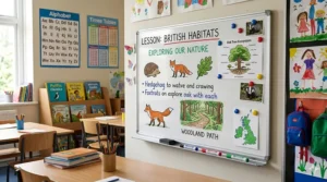 A landscape magnetic whiteboard with marker tray used for teaching in a primary school classroom.