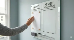 Magnetic wall mounted whiteboard for bedroom use displaying attached pens, eraser, and personal photos held by magnets.